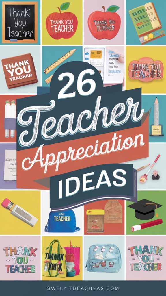 Collage of various "Thank You Teacher" themed items and symbols surrounding the text "26 Teacher Appreciation Ideas".