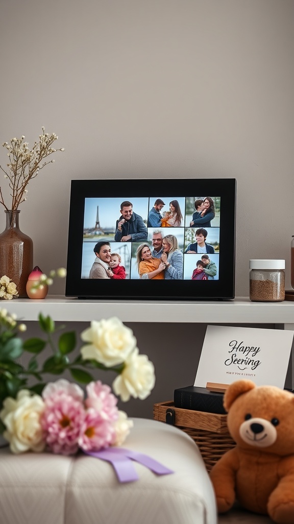 A digital photo frame displaying various family photos, surrounded by flowers and a teddy bear.