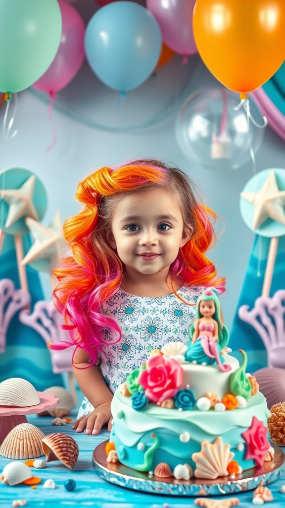A girl with vibrant orange and pink hair, smiling next to a mermaid-themed birthday cake.