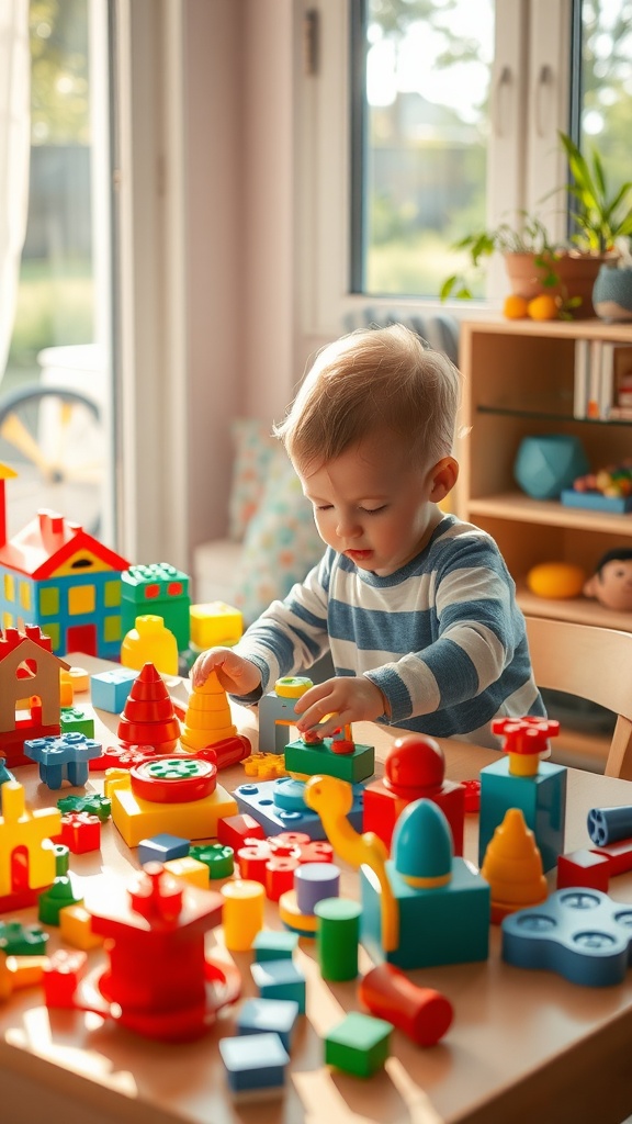 A toddler playing with colorful building blocks on a table.
