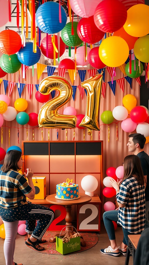 A vibrant birthday setup featuring decorations, a cake, and people celebrating.