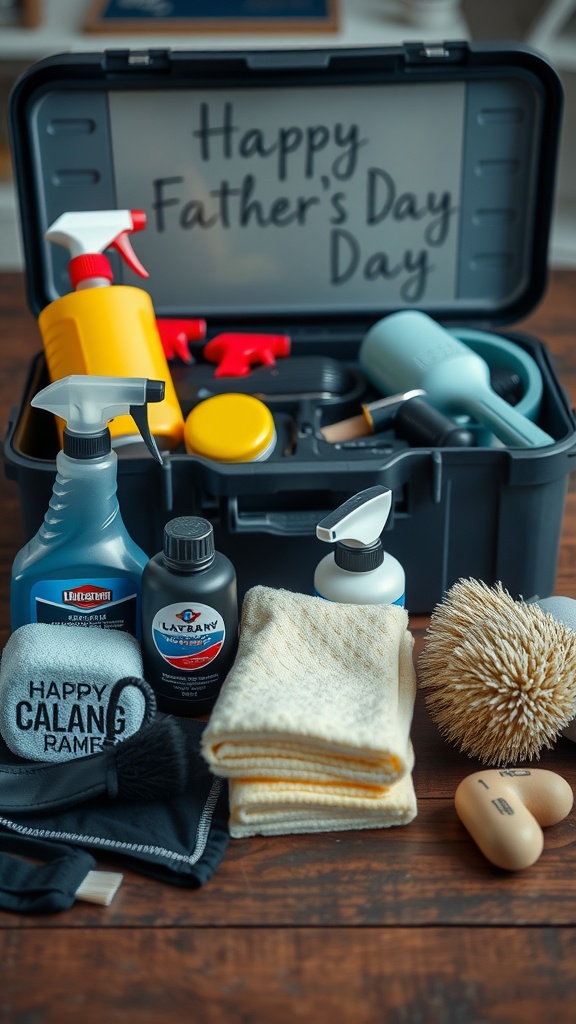 A car detailing kit with various cleaning supplies and tools, labeled 'Happy Father's Day'.