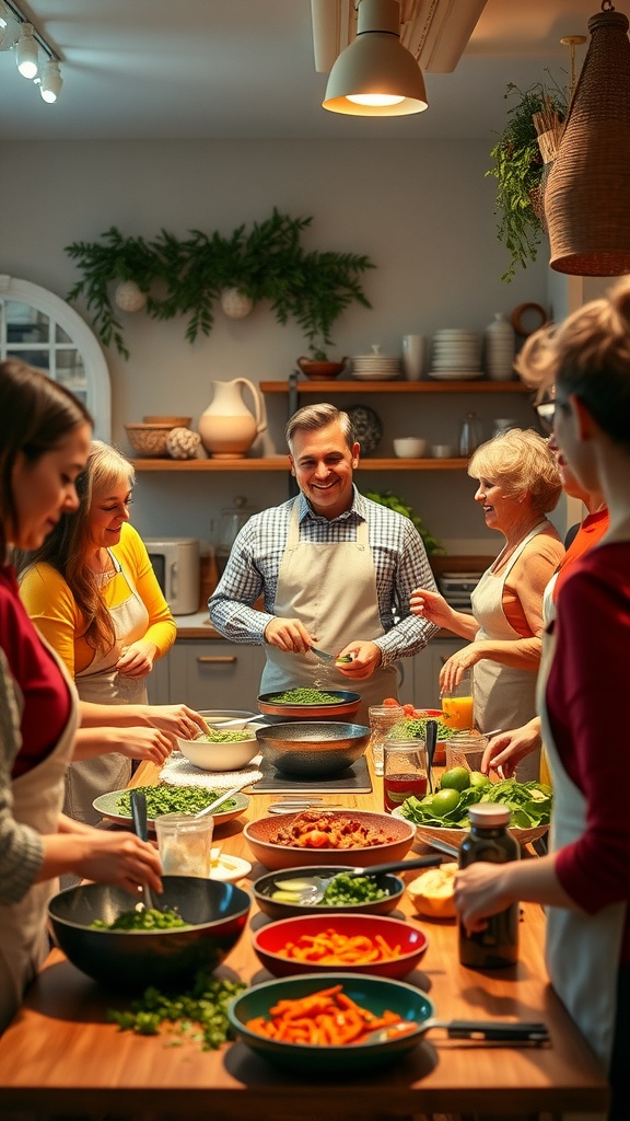 A group of people participating in a cooking class, preparing various ingredients together.