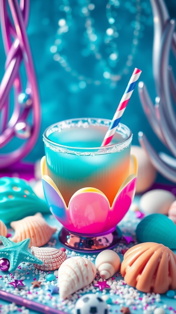 Colorful juice in a shell-shaped cup, surrounded by seashells and vibrant decorations