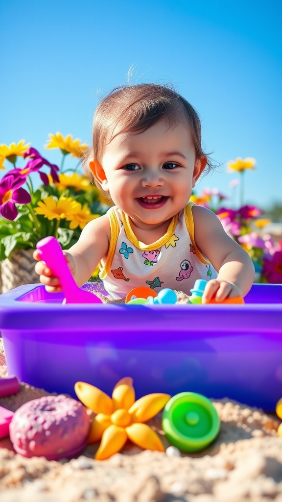 A happy toddler playing with colorful toys in a sand box surrounded by flowers.