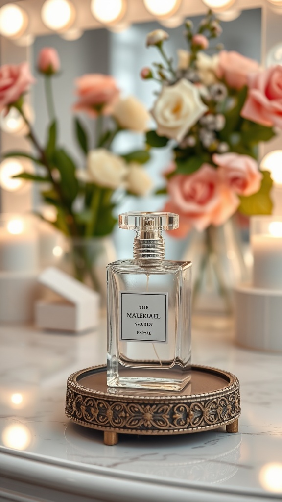 A stylish bottle of designer perfume on a decorative tray, surrounded by flowers.