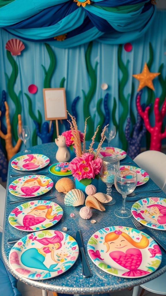 A vibrant mermaid-themed birthday party table with colorful plates, seashells, and flowers.