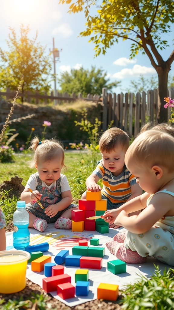 Toddlers playing with colorful blocks outdoors.