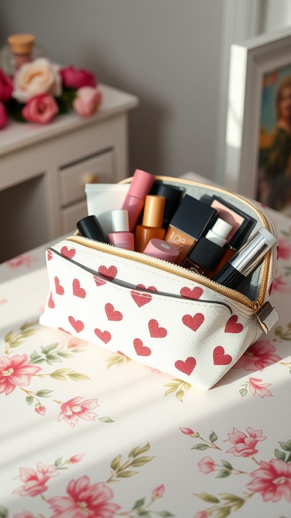 A customized makeup bag with red hearts, filled with various makeup products.