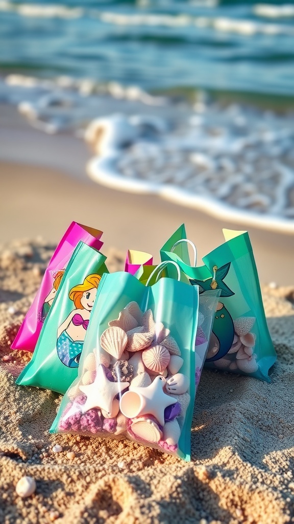 Colorful loot bags for a mermaid birthday party filled with seashells and decorations on the beach.