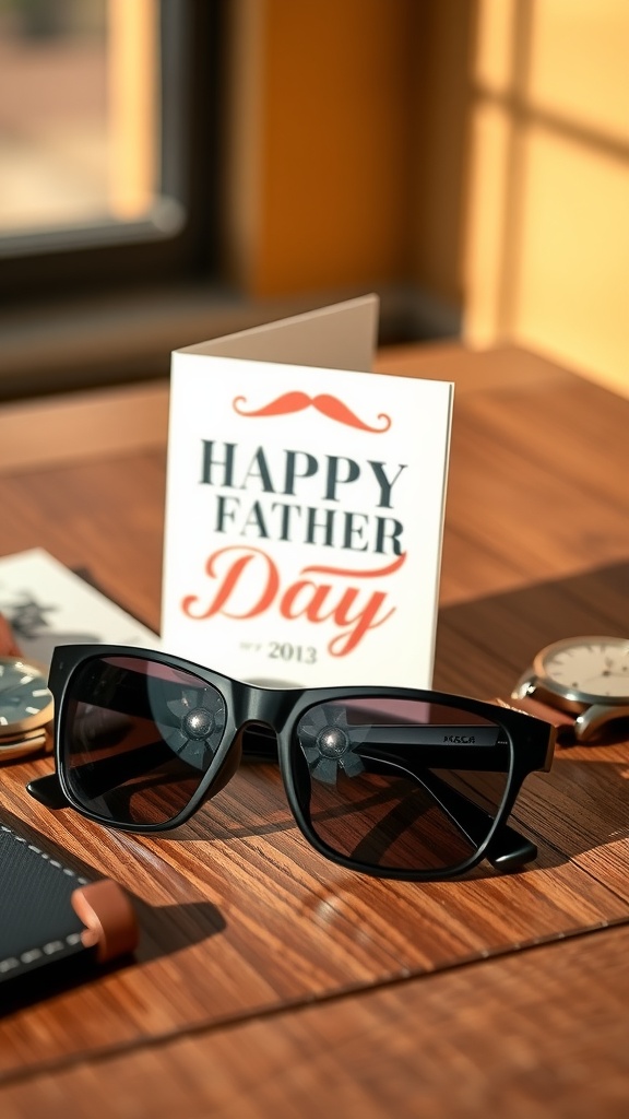 A stylish pair of sunglasses next to a 'Happy Father's Day' card on a wooden table.