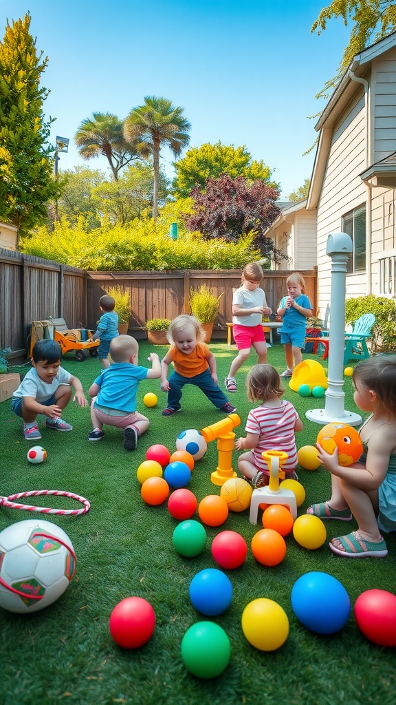 Toddlers playing with colorful balls and toys in a backyard.