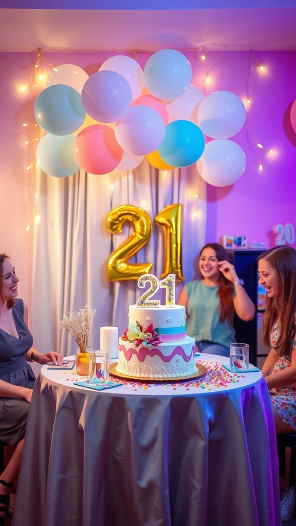 Three friends celebrating a 21st birthday with a festive cake and decorations.