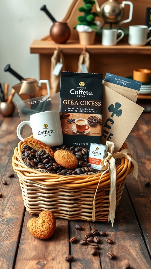 A beautifully arranged coffee lover's gift basket featuring coffee beans, a mug, cookies, and chocolates.