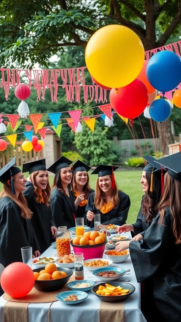 Graduates in caps and gowns celebrating at an outdoor party with colorful balloons and food on the table.