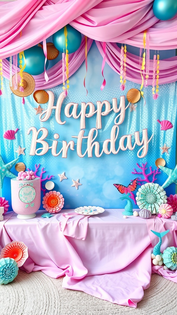 Colorful mermaid-themed birthday party backdrop with 'Happy Birthday' sign, balloons, and sea-inspired decorations.