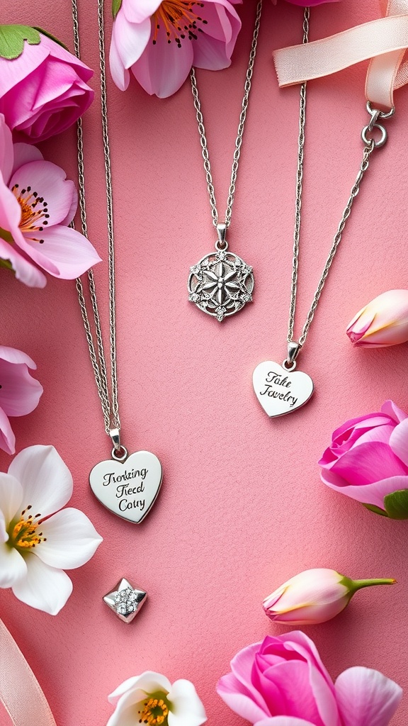 A collection of personalized necklaces surrounded by pink flowers on a pink background.