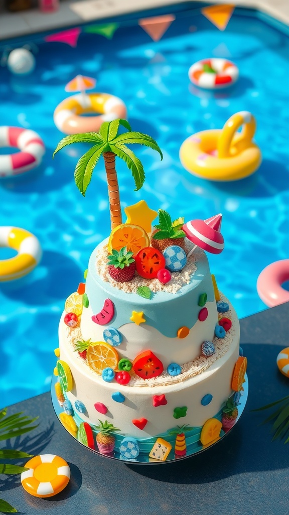 A colorful, beach-themed cake with palm trees and tropical fruits, set against a pool backdrop.