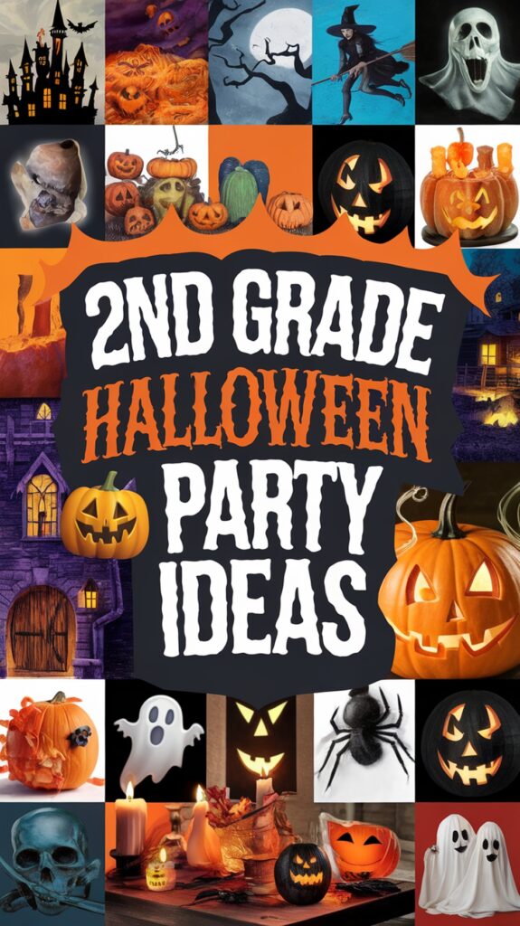 Collage of various Halloween decorations and icons surrounding the text "2nd Grade Halloween Party Ideas."