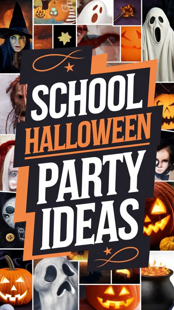 Collage of Halloween-themed images with a central text reading "School Halloween Party Ideas" surrounded by pumpkins, ghosts, and witches.