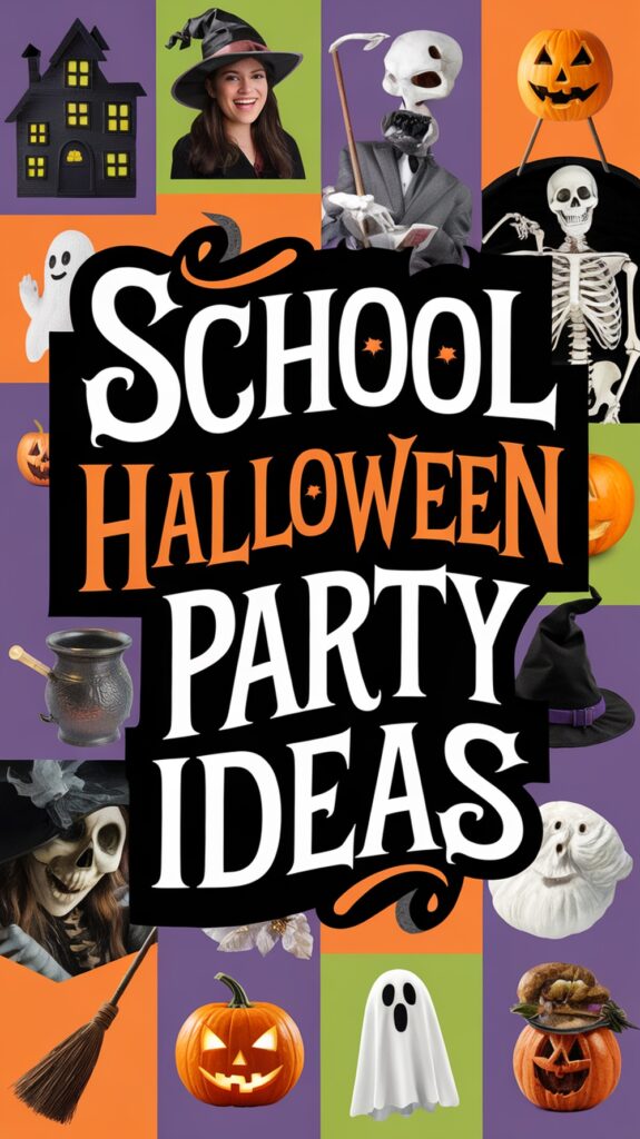 Collage with "School Halloween Party Ideas" text, featuring costumed figures, pumpkins, and a haunted house illustration.