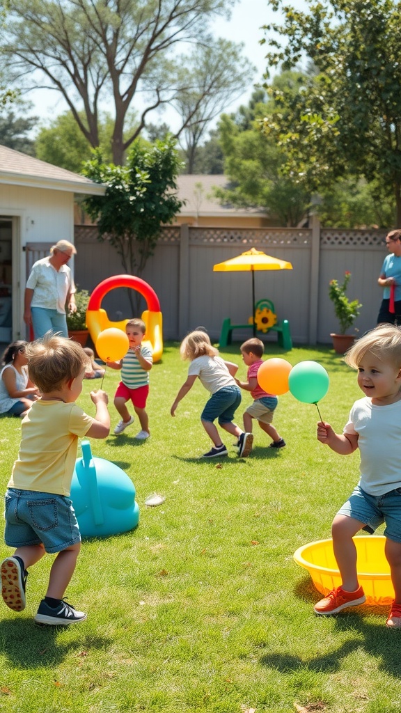 Children playing outdoor games with balloons in a backyard.