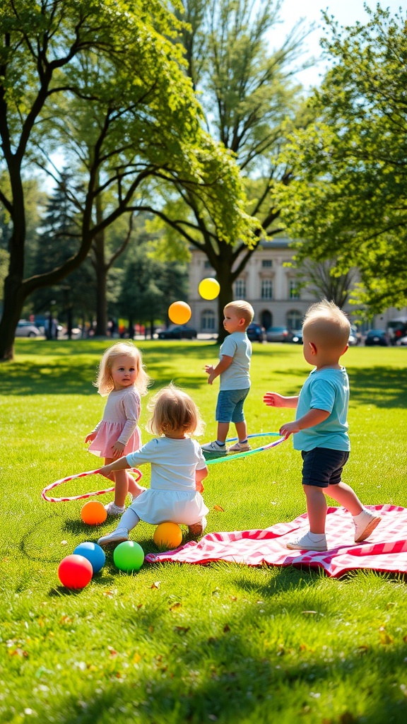 Children playing with colorful balls and hula hoops on a sunny day in a park.
