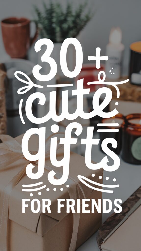 30+ cute gifts for friends with a background of wrapped presents and candles.