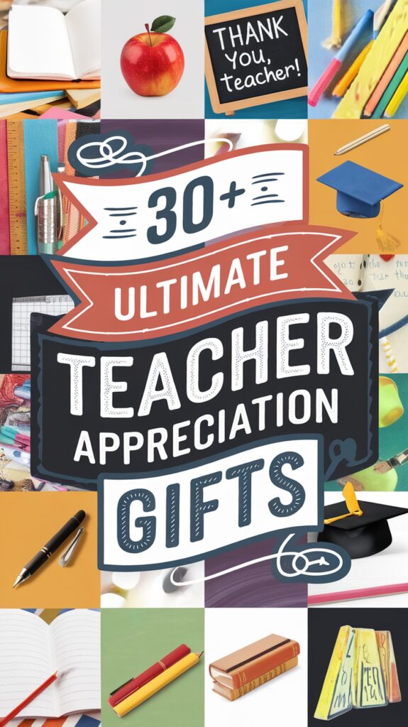 Collage of teacher-themed items with text "30+ Ultimate Teacher Appreciation Gifts" in the center.