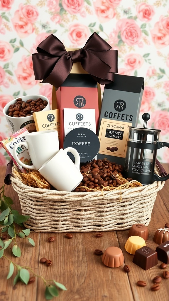 A beautifully arranged coffee lover's gift basket containing coffee, mugs, and chocolates.