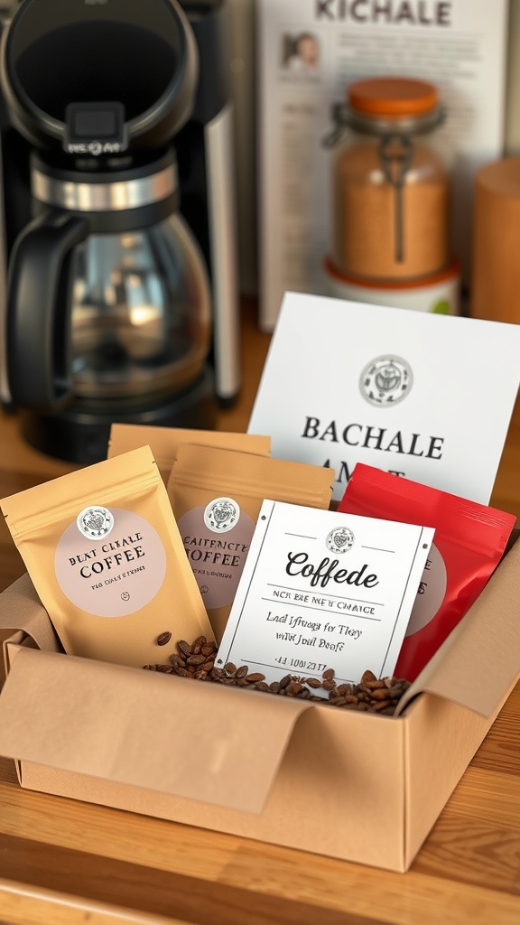 A coffee subscription box featuring various coffee bags and a coffee maker in the background.