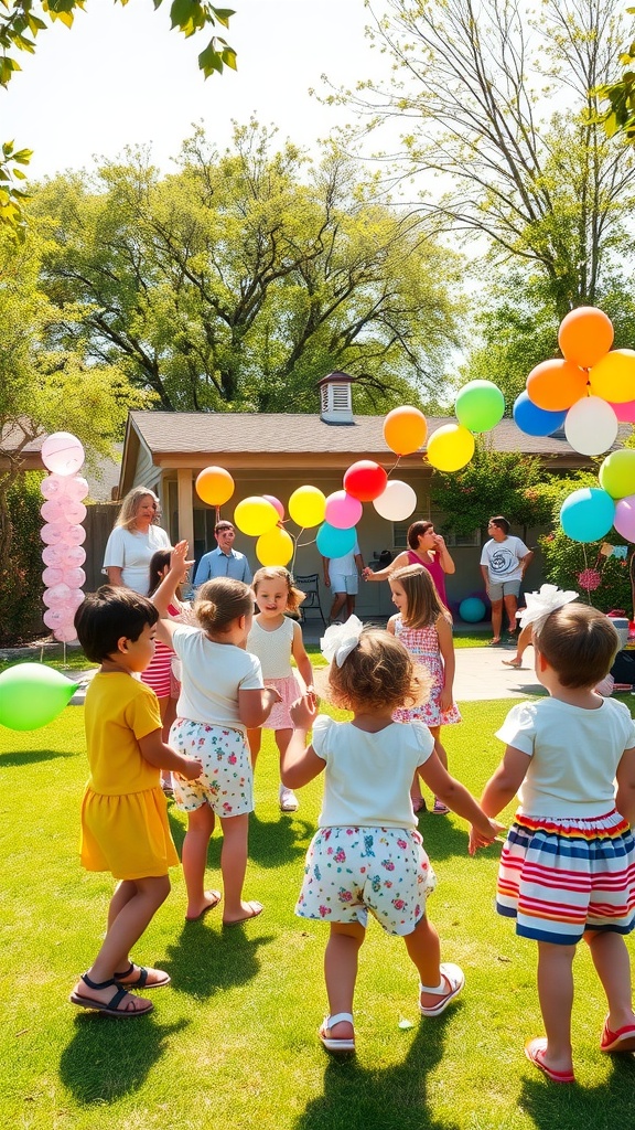 Toddlers enjoying outdoor party games with colorful balloons and joyful atmosphere.