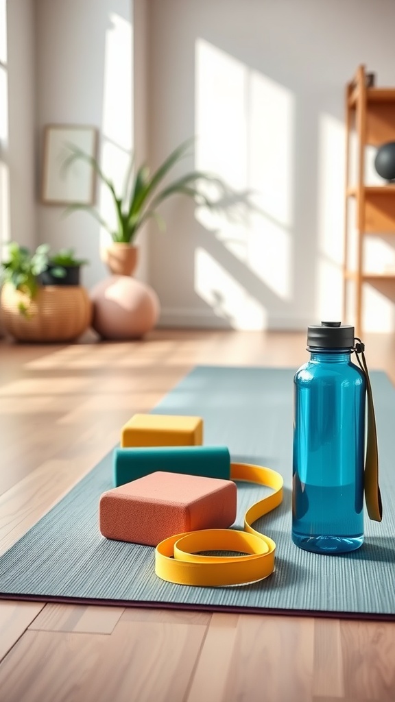 A yoga mat with blocks and a water bottle set in a bright, airy room.