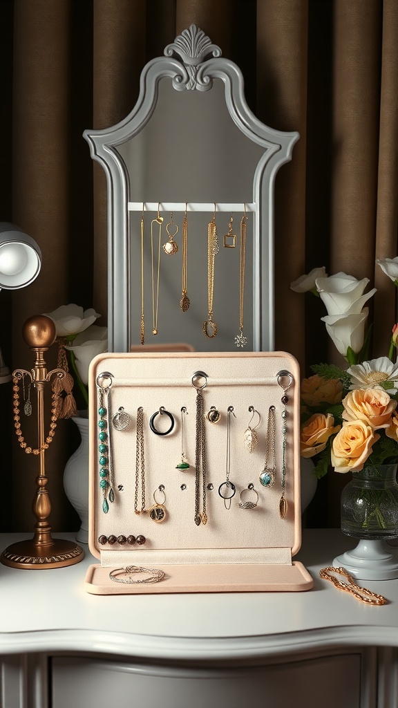 A jewelry organizer displayed with various necklaces, earrings, and bracelets, set against a backdrop of flowers and a mirror.