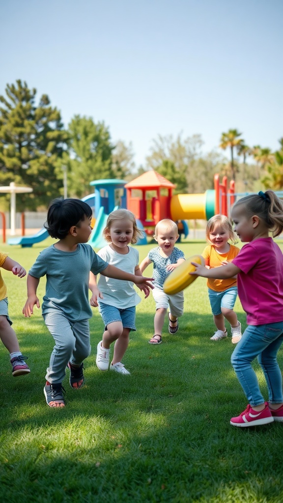 Toddlers playing outside in a park, engaging in fun games.