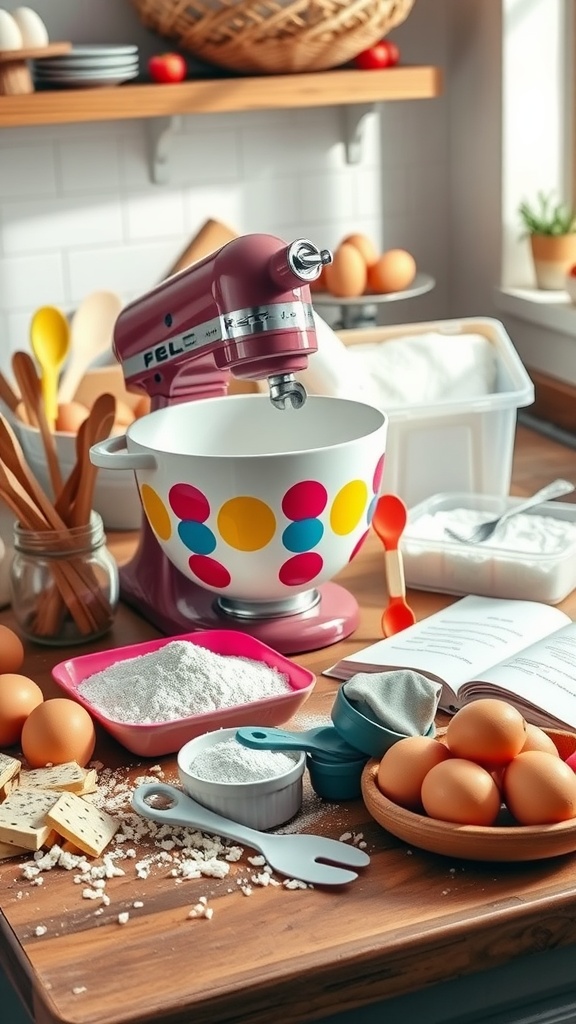 Colorful baking tools on a countertop with eggs, flour, and a mixer.