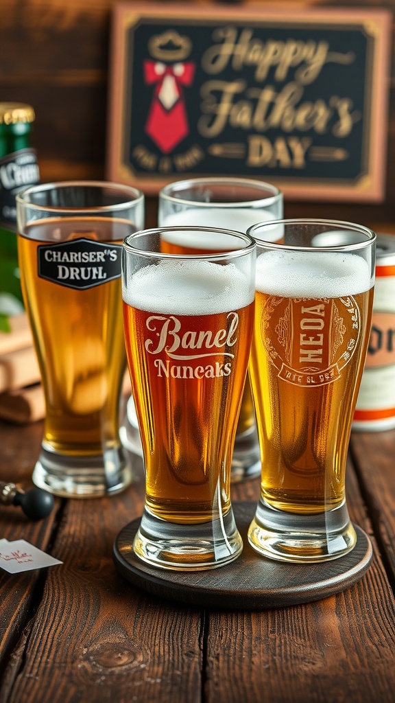 Four personalized beer glasses with custom names and a Happy Father's Day sign in the background.