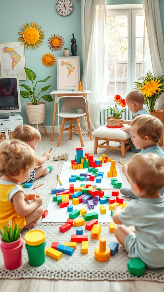 Toddlers playing with colorful building blocks in a bright room.