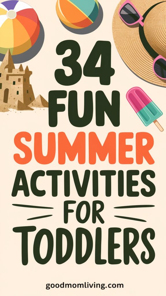 "34 Fun Summer Activities for Toddlers" with illustrations of a beach ball, sandcastle, sun hat with sunglasses, and popsicle.
