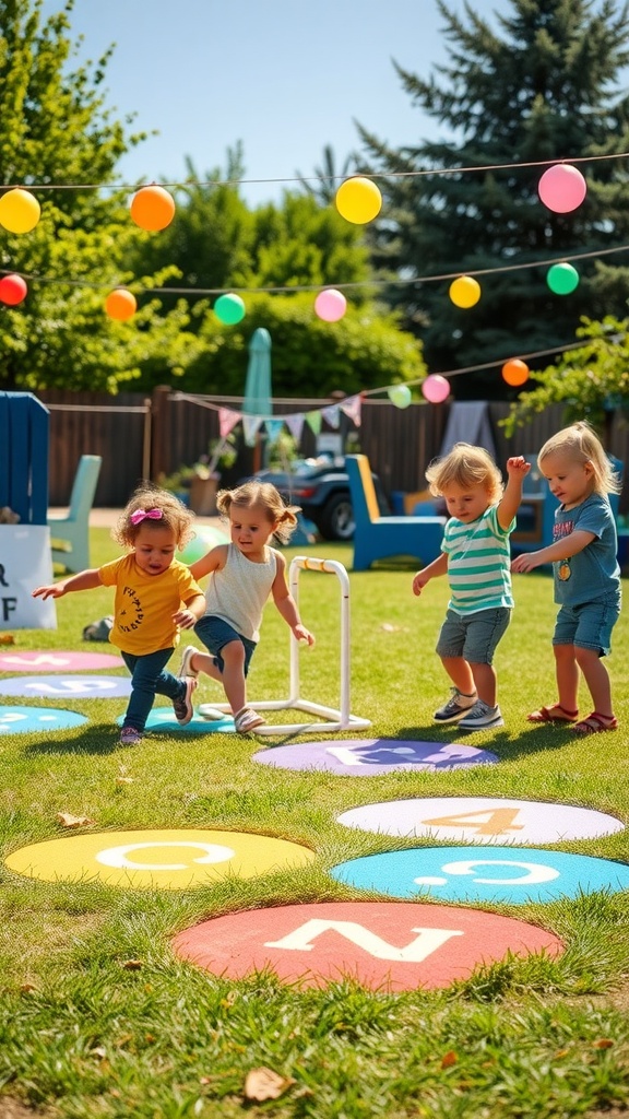 Toddlers playing on colorful mats outdoors, engaging in DIY games.