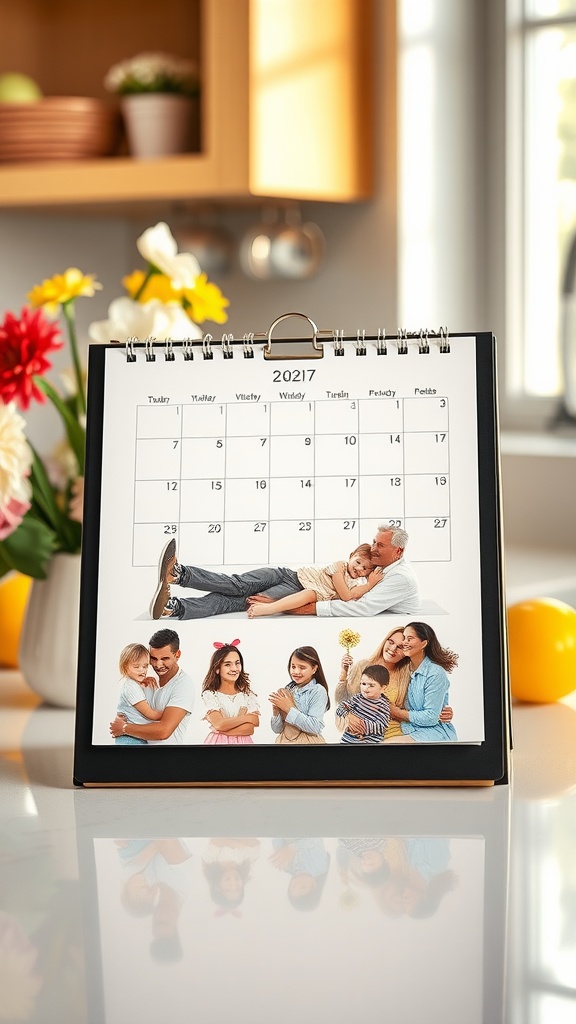 A custom calendar displaying family photos on a kitchen countertop