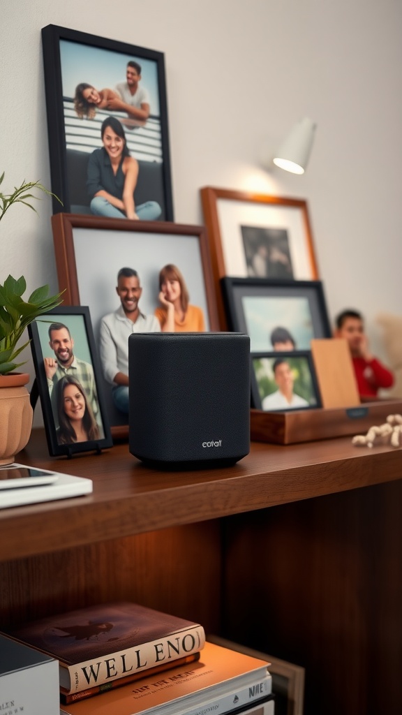 A smart speaker on a wooden shelf surrounded by family photos and books.