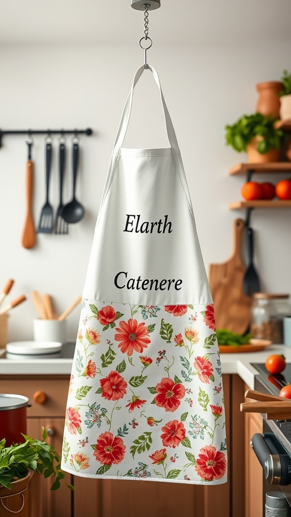 A personalized apron with floral design and the names 'Elarth Catenere' printed on it, hanging in a cozy kitchen.
