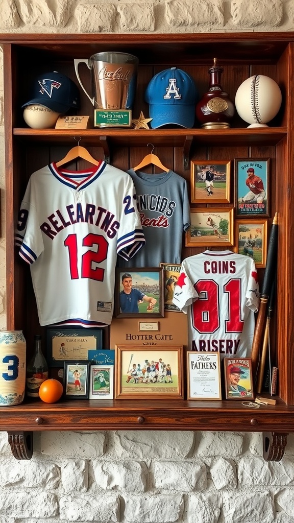 A display of sports memorabilia including jerseys, hats, and framed photos.