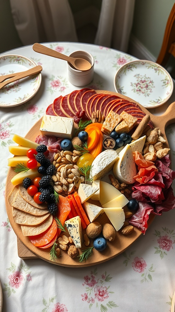 A beautifully arranged charcuterie board with various cheeses, meats, fruits, and nuts.