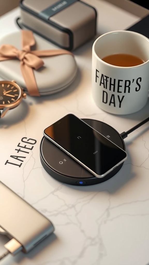 A wireless charger with a smartphone on it, surrounded by a watch, a gift box, and a mug saying 'FATHER'S DAY'.