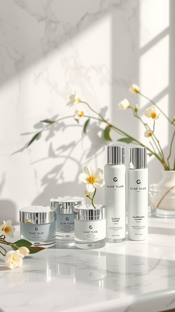 A luxury skincare set displayed on a marble surface with flowers in the background.