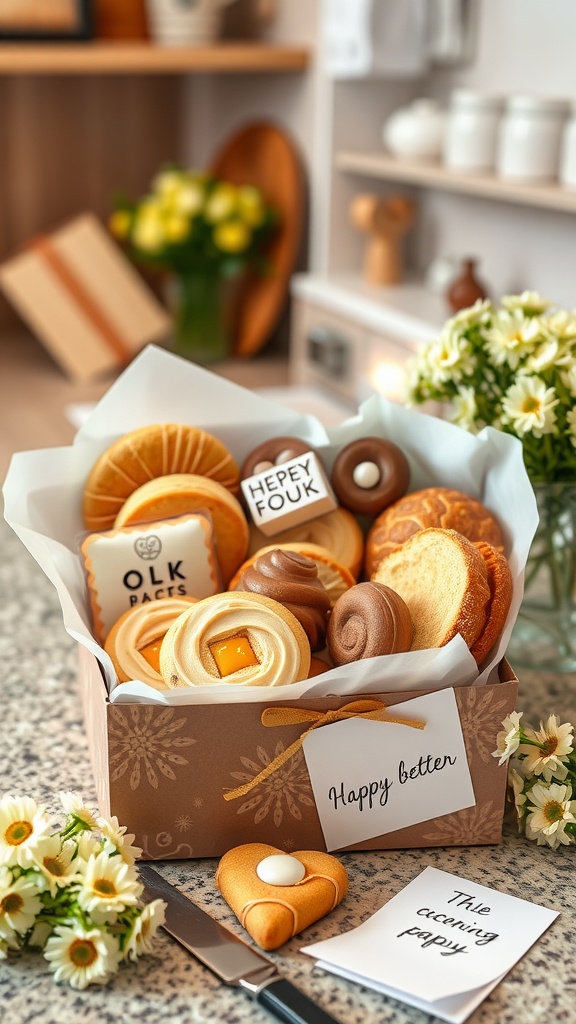 A beautifully arranged gift box filled with various freshly baked goods, including cookies and pastries, accompanied by cheerful notes.