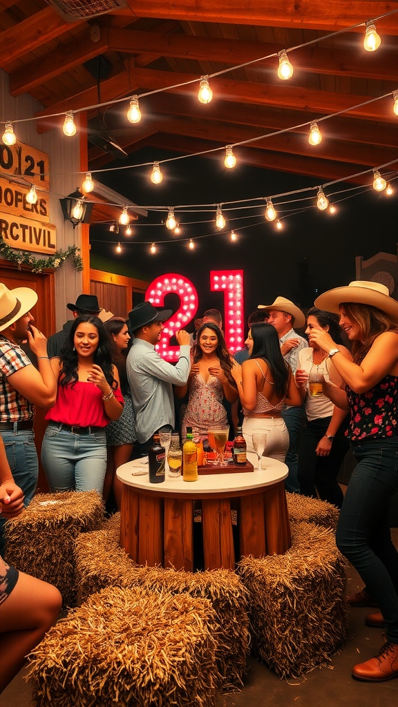 Cowgirl themed birthday party with guests enjoying drinks and decorations.