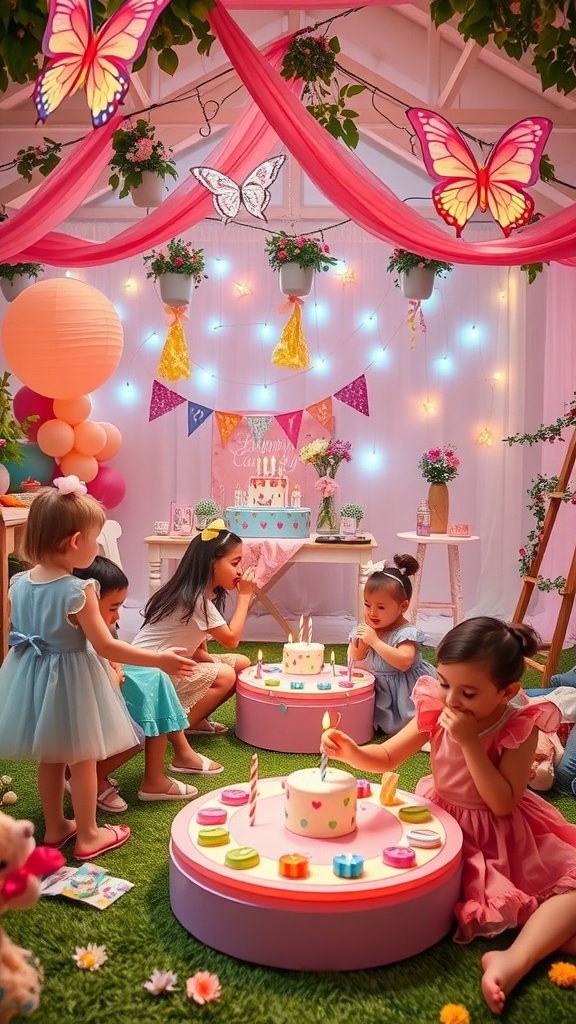 Children enjoying a fairy theme birthday party with decorations, cakes, and colorful balloons.